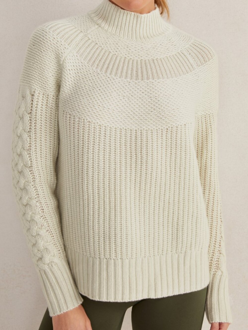 🌟HAVEN WELL WITHIN🌟 MERINO WOOL CASHMERE CABLE KNIT MOCK NECK SWEATER IVORY L
